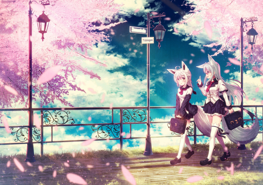 2girls :d ahoge animal_ears ascot bag bangs black_footwear black_skirt blue_sky blurry blurry_foreground blush breasts briefcase brown_eyes brown_footwear cherry_blossoms clouds day depth_of_field eyebrows_visible_through_hair flower fox_ears fox_girl fox_tail frilled_skirt frills glasses hair_between_eyes hand_up highres holding holding_bag index_finger_raised lamppost loafers long_hair long_sleeves medium_breasts misaki_yuu multiple_girls necktie open_mouth original outdoors parted_lips petals pink_flower pleated_skirt railing red-framed_eyewear red_neckwear road_sign school_briefcase semi-rimless_eyewear shirt shoes short_over_long_sleeves short_sleeves sign silver_hair skirt sky smile tail thigh-highs tree under-rim_eyewear very_long_hair violet_eyes walking white_legwear white_shirt zettai_ryouiki