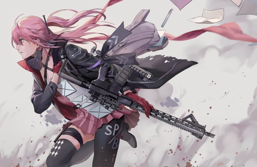 1girl 791_(meiyuewudi) ar-15 armor assault_rifle bag bangs black_legwear blue_eyes breasts character_name choker closed_mouth collarbone digi-mind_update_(girls_frontline) dress eyebrows_visible_through_hair floating_hair from_side gas_mask girls_frontline gloves grey_background gun hair_ornament half-closed_eyes highres holding holding_gun holding_weapon jacket jacket_tug light_smile long_hair looking_afar mid-stride multicolored_hair open_bag pink_gloves pink_hair ponytail rifle running scarf scope sidelocks simple_background single_thighhigh small_breasts solo st_ar-15_(girls_frontline) strap streaked_hair thigh-highs thigh_strap trigger_discipline weapon weapon_on_back wind wind_lift