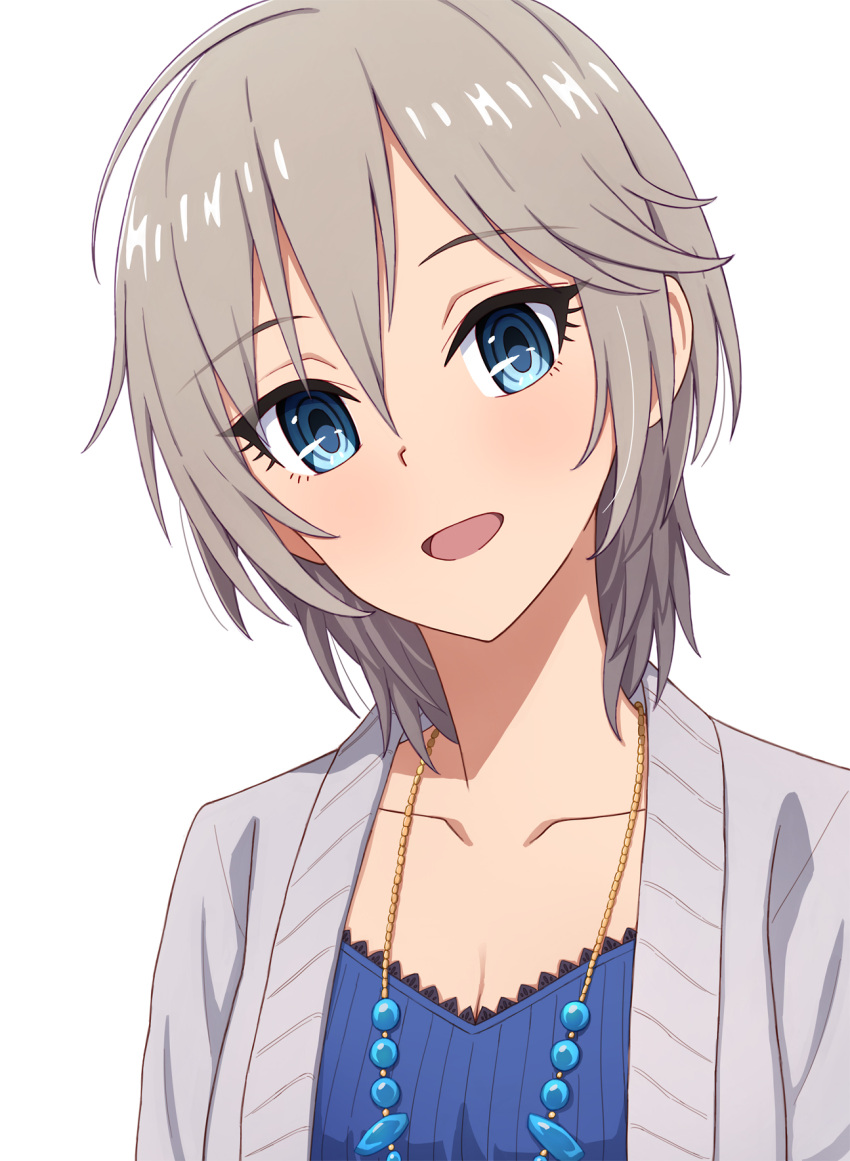 1girl :d anastasia_(idolmaster) bangs blue_eyes blush breasts cleavage collarbone eyebrows_visible_through_hair hair_between_eyes head_tilt highres idolmaster idolmaster_cinderella_girls idolmaster_cinderella_girls_starlight_stage looking_at_viewer medium_breasts open_mouth short_hair silver_hair simple_background smile solo upper_body white_background yahiro_(epicopeiidae)