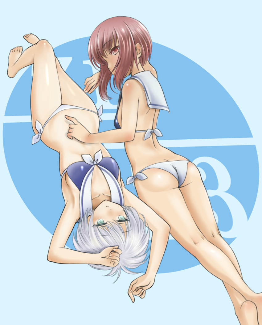 2girls ass bikini blue_bikini_top blue_eyes brown_eyes brown_hair chaborin commentary_request front-tie_top highres kantai_collection lowleg lowleg_bikini lying multiple_girls on_back on_stomach sailor_bikini sailor_collar short_hair side-tie_bikini silver_hair swimsuit white_bikini_bottom z1_leberecht_maass_(kantai_collection) z3_max_schultz_(kantai_collection)