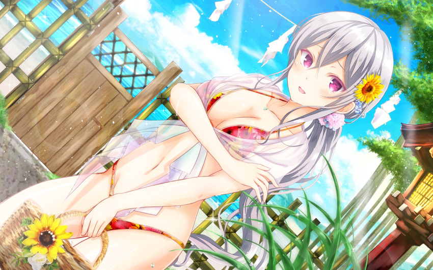 1girl :d bangs bikini blue_sky breasts cleavage clouds collarbone day dutch_angle flower girlfriend_(kari) hair_between_eyes hair_flower hair_ornament highres jewelry lens_flare long_hair masa_(mirage77) medium_breasts navel necklace ocean open_mouth outdoors ponytail red_bikini red_eyes see-through shigeto_akiho silver_hair sky smile solo sparkle standing sunflower sunlight swimsuit very_long_hair yellow_flower