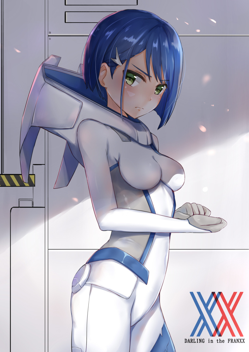 1girl absurdres bangs blue_hair bodysuit breasts breasts_apart copyright_name cowboy_shot darling_in_the_franxx from_side green_eyes hair_ornament hairclip highres ichigo_(darling_in_the_franxx) koi0806 looking_at_viewer medium_breasts short_hair skin_tight small_breasts solo standing swept_bangs white_bodysuit