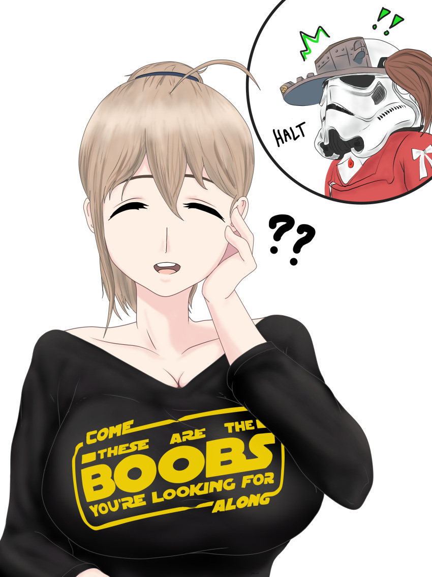 !! /\/\/\ 2girls ?? absurdres alternate_costume breasts brown_hair cleavage closed_eyes commentary helmet highres intrepid_(kantai_collection) japanese_clothes kantai_collection kariginu kilroylw large_breasts multiple_girls open_mouth ryuujou_(kantai_collection) smile star_wars stormtrooper teeth twintails