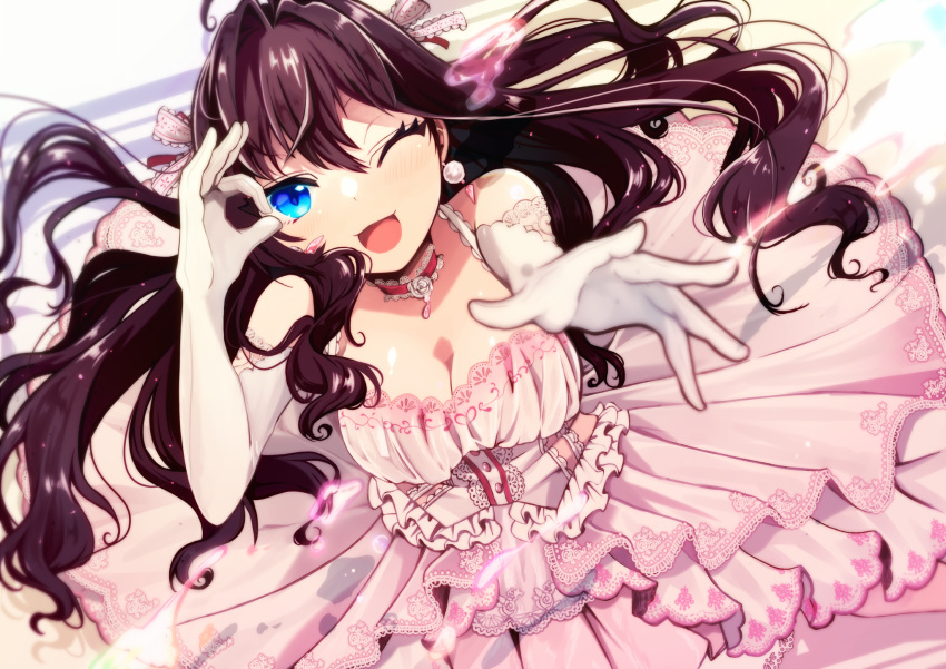 1girl ;d blue_eyes breasts brown_hair choker cleavage dress earrings elbow_gloves floating_hair frilled_ribbon frills from_above gloves hair_ribbon highres ichinose_shiki idolmaster idolmaster_cinderella_girls jewelry layered_dress long_hair looking_at_viewer medium_breasts obybuss one_eye_closed open_mouth pink_dress ribbon sleeveless sleeveless_dress smile solo very_long_hair white_gloves white_ribbon