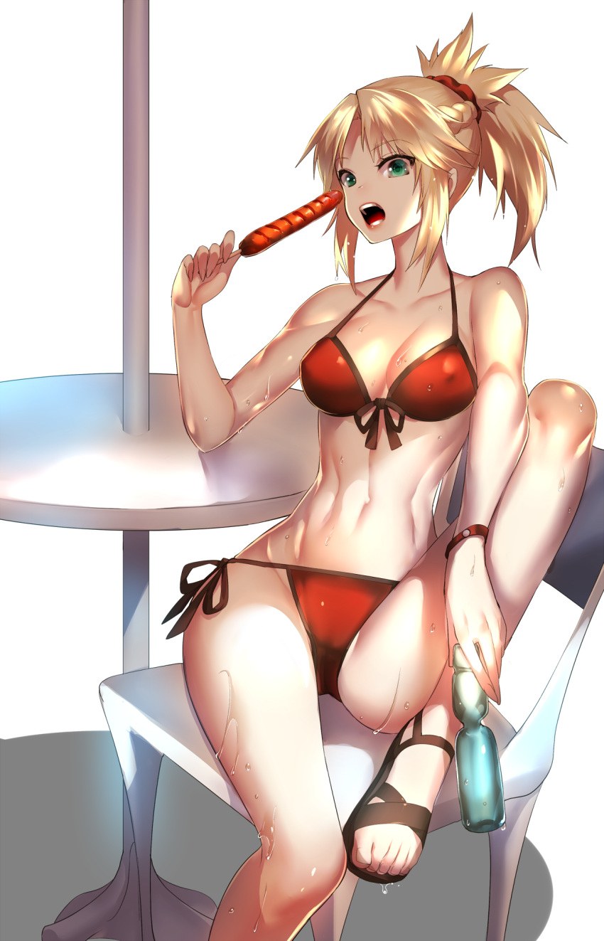 1girl arm_support bikini blonde_hair bottle fate/apocrypha fate/grand_order fate_(series) front-tie_top full_body green_eyes highres hot_dog long_hair mordred_(fate) mordred_(fate)_(all) mordred_(swimsuit_rider)_(fate) open_mouth open_toe_shoes ponytail rahato ramune red_bikini scrunchie side-tie_bikini simple_background sitting solo swimsuit table teeth white_background