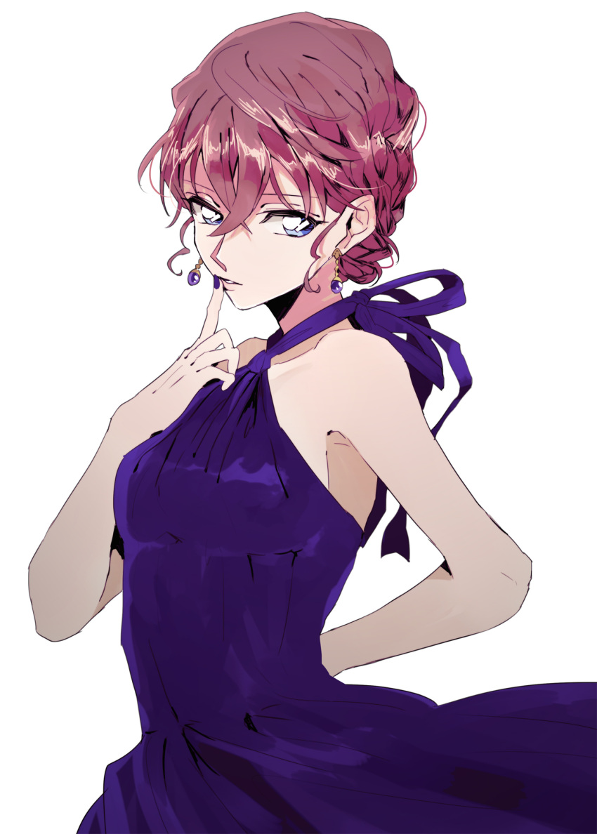 1girl arm_behind_back blue_eyes brown_hair dress earrings eyebrows_visible_through_hair finger_to_mouth hair_between_eyes halterneck highres jewelry meitantei_conan miyano_shiho nail_polish parted_lips purple_dress purple_nails short_hair simple_background sleeveless sleeveless_dress solo tateru_(pixiv3071787) tied_hair white_background