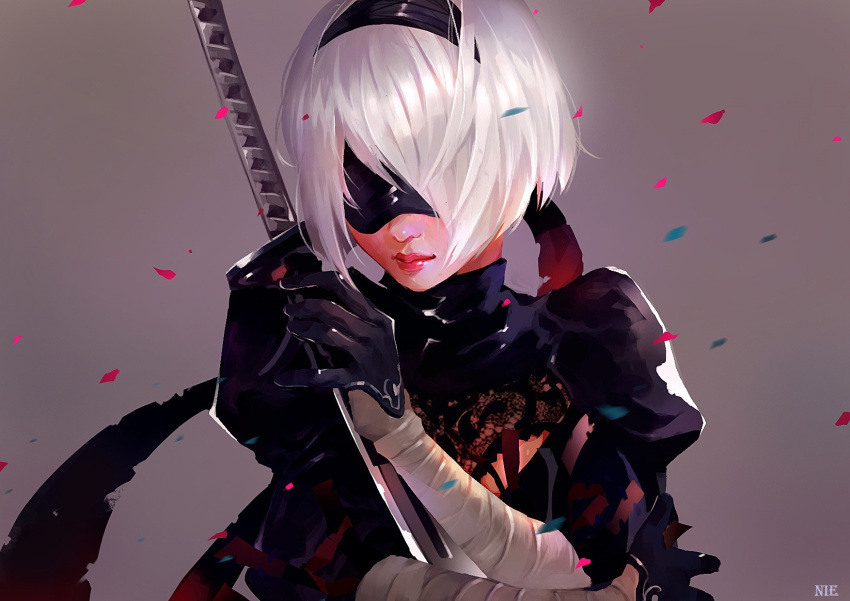 1girl artist_request black_blindfold black_gloves black_hairband blindfold covered_eyes gloves grey_background hairband highres juliet_sleeves long_sleeves nier_(series) nier_automata puffy_sleeves red_lips short_hair silver_hair simple_background solo sword turtleneck upper_body vambraces weapon yorha_no._2_type_b