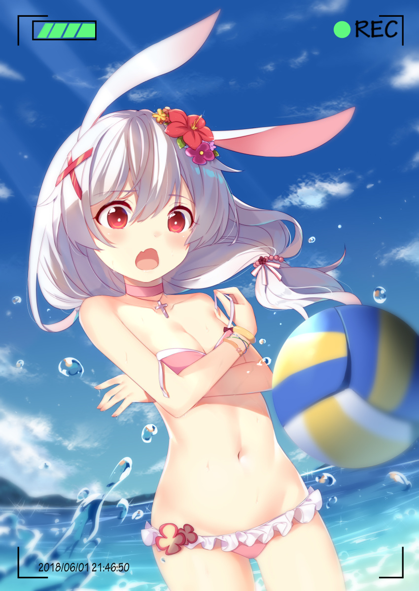 1girl absurdres animal_ears benghuai_xueyuan bikini breasts choker cleavage clouds covering covering_breasts flower fufumi hair_flower hair_ornament hairclip highres honkai_impact long_hair lowleg lowleg_bikini navel ocean open_mouth outdoors pink_bikini pink_swimsuit ponytail rabbit_ears red_eyes silver_hair sky small_breasts solo swimsuit theresa_apocalypse untied untied_bikini water