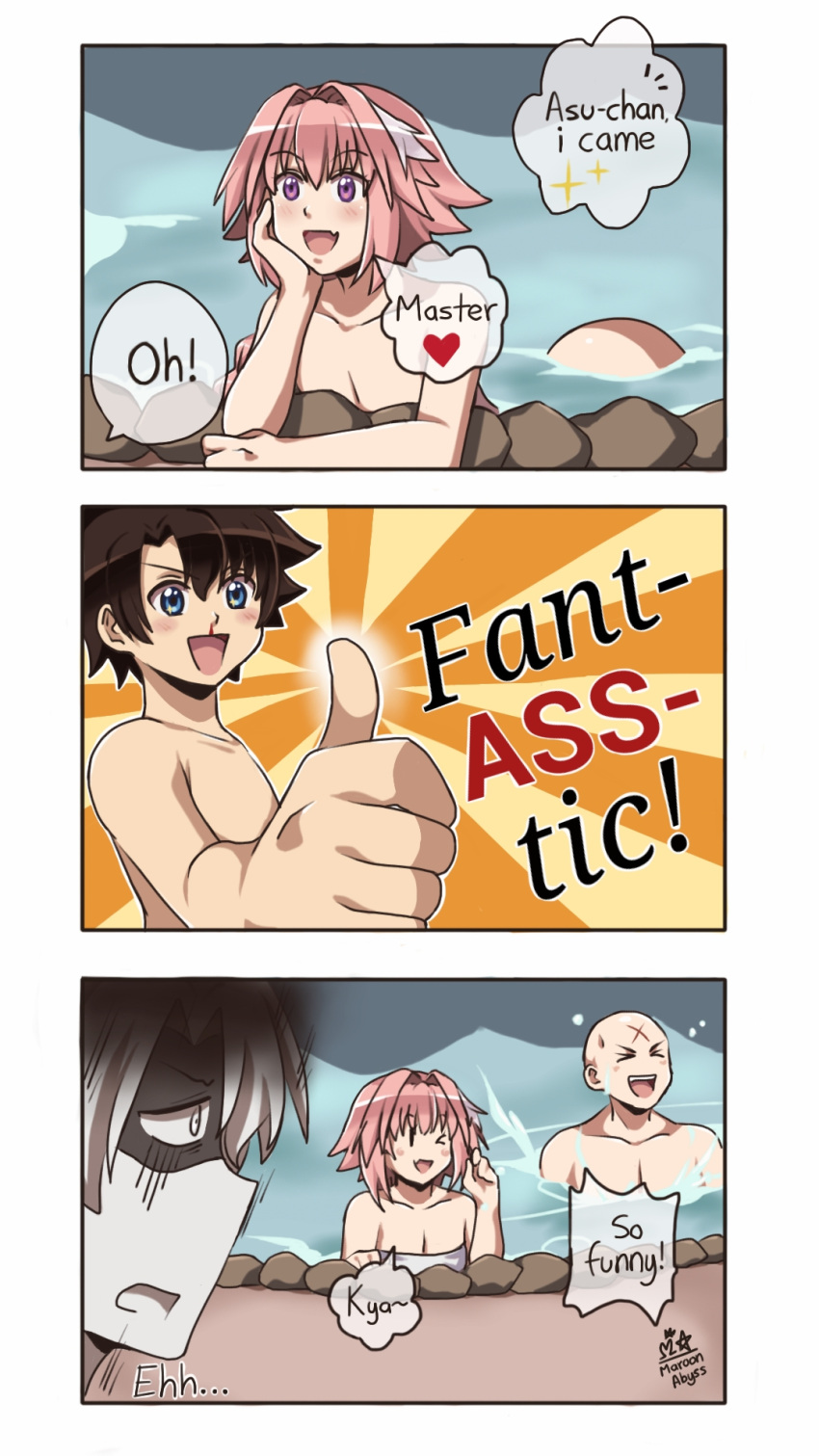 3boys 3koma astolfo_(fate) bald comic cross_scar fang fate/apocrypha fate/grand_order fate_(series) fujimaru_ritsuka_(male) highres houzouin_inshun_(fate/grand_order) maroonabyss multicolored_hair multiple_boys open_mouth pink_hair prank scar streaked_hair trap violet_eyes