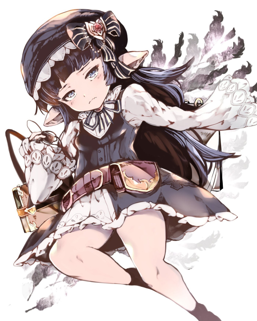 1girl bangs belt_buckle beret black_bow black_dress black_hat black_legwear book bow brown_belt buckle closed_mouth commentary_request dress eyepatch eyepatch_removed granblue_fantasy harvin hat hat_bow head_tilt highres holding holding_eyepatch long_hair long_sleeves looking_at_viewer lunalu_(granblue_fantasy) pointy_ears purple_hair shirt sleeveless sleeveless_dress sleeves_past_fingers sleeves_past_wrists socks solo striped striped_bow venomrobo very_long_hair violet_eyes wavy_mouth white_background white_shirt wide_sleeves