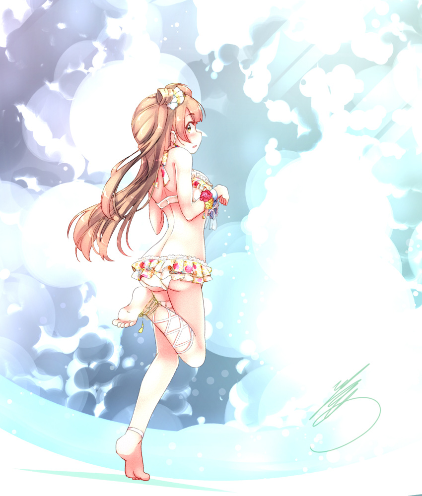 1girl :o ankle_lace-up anklet ass back bangs barefoot bikini bikini_skirt blush bracelet brown_hair clouds cloudy_sky cross-laced_footwear from_behind full_body halterneck highres jewelry long_hair looking_back love_live! love_live!_school_idol_project minami_kotori one_side_up pitter print_bikini signature sky solo standing standing_on_one_leg swimsuit wrist_flower yellow_eyes