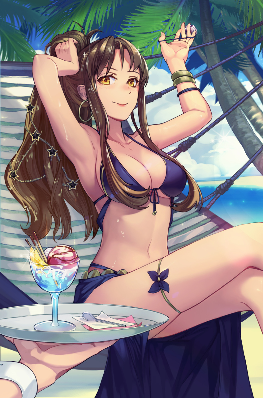 1girl absurdres bikini blue_bikini blue_sky bracelet breasts brown_hair cleavage clouds collarbone day earrings hand_in_hair high_ponytail highres jewelry large_breasts legs_crossed long_hair looking_at_viewer mikuni_romance navel ocean orange_eyes outdoors palm_tree sangoku_romance sarong sideboob sitting sky smile swimsuit thighlet tree under_boob very_long_hair