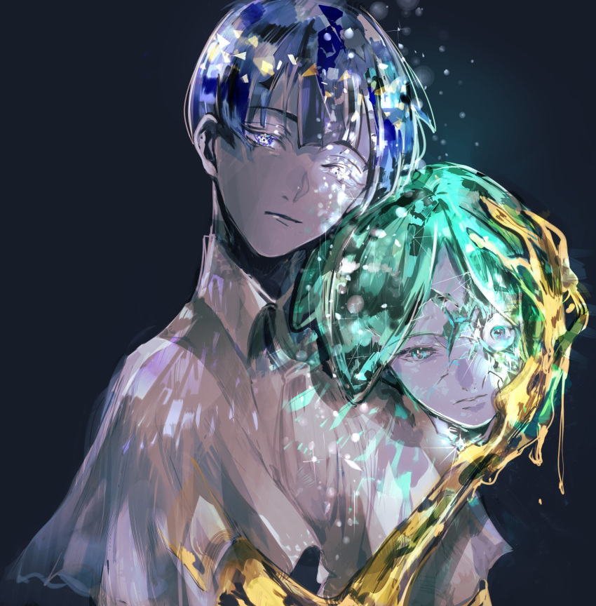 1other androgynous ao_rui bangs blue_eyes blue_hair blunt_bangs broken cracked dark_background disembodied_head glowing glowing_hair golden_arms green_eyes green_hair heterochromia highres houseki_no_kuni looking_at_viewer phosphophyllite phosphophyllite_(ll) short_hair solo spoilers upper_body white_eyes