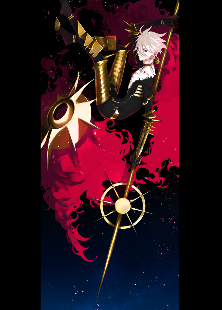 1boy black_bodysuit blue_eyes bodysuit cape closed_mouth collar earrings expressionless eyeshadow fate/apocrypha fate/grand_order fate_(series) full_body highres holding holding_spear holding_weapon jewelry karna_(fate) looking_at_viewer makeup male_focus messy_hair pillarboxed pixiv_fate/grand_order_contest_2 polearm red_cape rubill solo spear spiked_collar spikes weapon white_hair