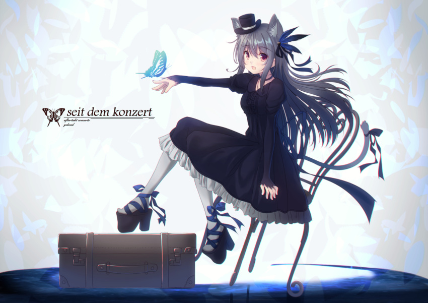 :d animal animal_ears bangs black_dress black_footwear black_hat black_ribbon blue_feathers blue_ribbon blush bug butterfly cat_ears cat_girl cat_tail chair chair_tipping dress eyebrows_visible_through_hair fang feathers grey_hair grey_legwear hair_between_eyes hair_feathers hat insect juliet_sleeves long_hair long_sleeves mini_hat mini_top_hat misaki_yuu on_chair open_mouth original outstretched_arm pantyhose platform_footwear platform_heels puffy_sleeves red_eyes ribbon sitting sleeves_past_wrists smile suitcase tail tail_ribbon top_hat translation_request very_long_hair