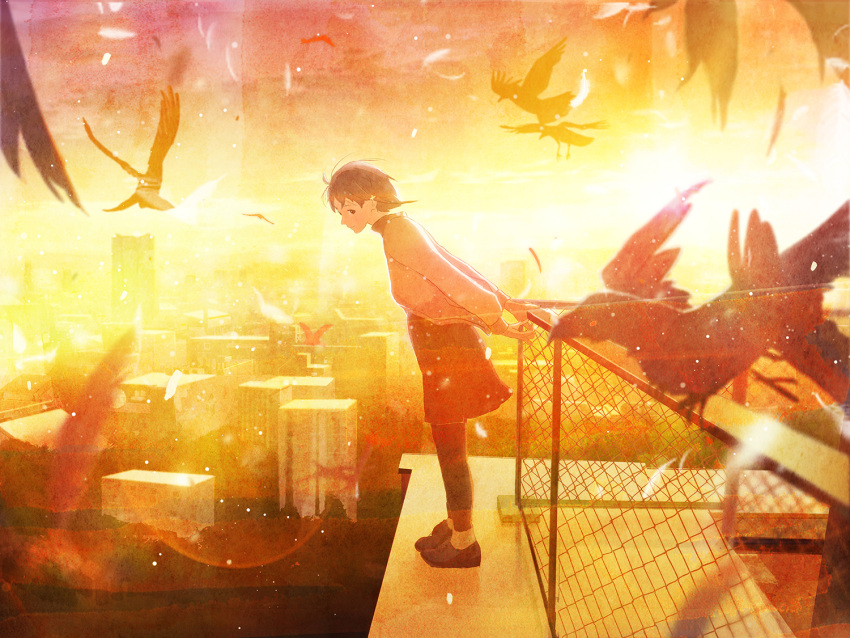 1girl bird brown_eyes brown_hair chain-link_fence city cityscape feathers fence iwakura_lain lens_flare looking_at_viewer nakamura_yukihiro orange_(color) pantyhose rooftop serial_experiments_lain short_hair skirt sky smile solo yellow
