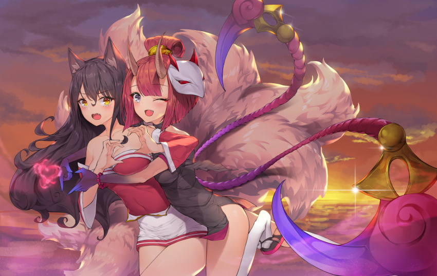 2girls ;d ahri animal_ears bangs bare_shoulders black_dress black_footwear black_hair blue_skin blush bracelet breasts brown_eyes clouds cloudy_sky collarbone commentary curled_horns detached_sleeves dress evelynn eyebrows_visible_through_hair fang fox_ears fox_girl fox_tail glint gradient gradient_skin grey_eyes hair_between_eyes heart heart_hands highres horns jewelry kitsune large_breasts league_of_legends lee_seok_ho long_hair long_sleeves mask mask_on_head multiple_girls one_eye_closed open_mouth outdoors over-kneehighs red_eyes red_shirt shirt short_sleeves skirt sky smile standing standing_on_one_leg strapless sunset tail thigh-highs very_long_hair white_legwear white_skirt wide_sleeves zouri