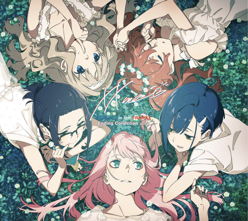 5girls aqua_eyes blue_eyes blue_hair blush brown_hair closed_eyes darling_in_the_franxx dress flower glasses grass green_hair hair_flower hair_ornament hairclip half-closed_eyes hand_holding hand_in_hair highres horns ichigo_(darling_in_the_franxx) ikuno_(darling_in_the_franxx) interlocked_fingers kokoro_(darling_in_the_franxx) long_hair lying miku_(darling_in_the_franxx) multiple_girls official_art on_back on_stomach open_mouth pink_hair short_hair smile twintails zero_two_(darling_in_the_franxx)