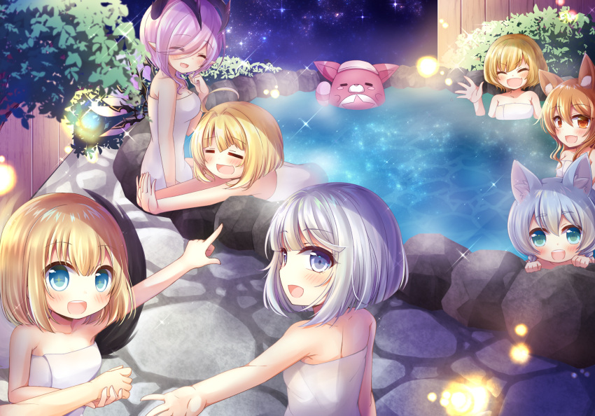 6+girls :d =_= ahoge animal_ears bangs blonde_hair blue_eyes blush breasts brown_eyes brown_hair bush character_request charlotte_(shironeko_project) closed_eyes commentary_request curled_horns eyebrows_visible_through_hair fang fence fingernails fox_ears green_eyes hair_between_eyes highres horns korin_(shironeko_project) koyomi_(shironeko_project) long_hair looking_at_viewer maaru_(shironeko_project) medium_breasts multiple_girls naked_towel night night_sky onsen open_mouth oskulolu out_of_frame outdoors outstretched_arm outstretched_arms partially_submerged pointing pointy_ears purple_hair rock shironeko_project short_hair silver_hair sky small_breasts smile soara_(shironeko_project) star star_(sky) starry_sky towel tree upper_teeth v-shaped_eyebrows water yukiyuki_441