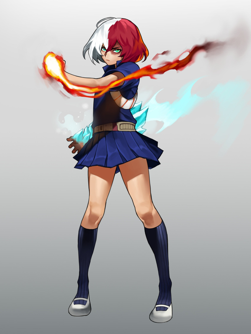 1girl absurdres belt blue_legwear blue_shirt blue_skirt boku_no_hero_academia burn_scar closed_mouth fire genderswap genderswap_(mtf) green_eyes highres ice legs looking_at_viewer multicolored_hair outstretched_arm redhead scar shirt short_hair skirt todoroki_shouto two-tone_hair white_footwear white_hair z_elus