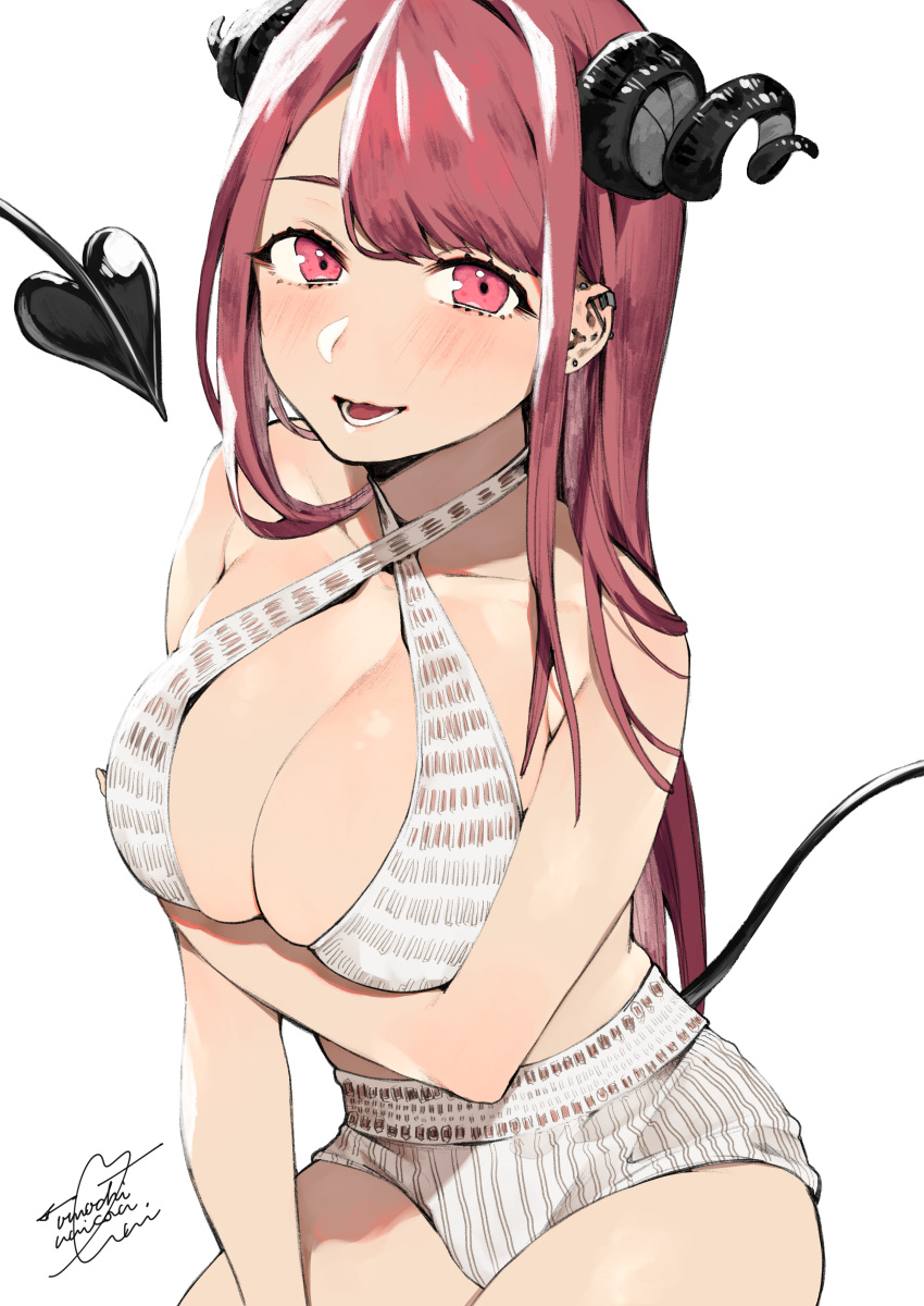 1girl :d absurdres bangs bare_arms bare_shoulders blush breast_hold breasts cleavage collarbone cowboy_shot criss-cross_halter demon_girl demon_horns demon_tail earrings eyelashes halter_top halterneck heart heart_tail highres horns jewelry large_breasts long_hair looking_at_viewer open_mouth original piercing red_eyes redhead short_shorts shorts signature smile solo standing stud_earrings succubus tail teeth uni_(melm)