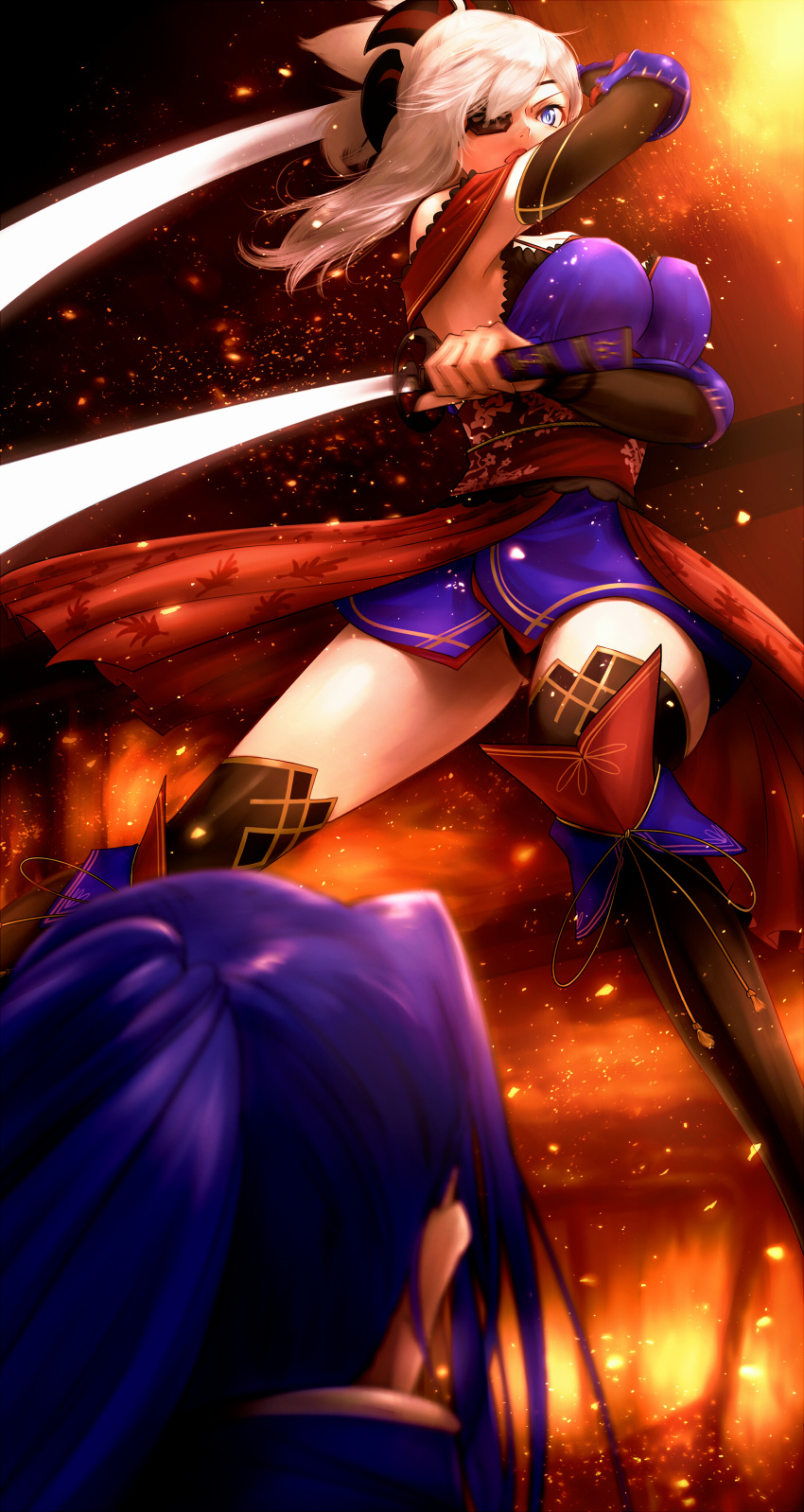 1boy 1girl absurdres assassin_(fate/stay_night) black_footwear black_pants blue_hair blue_kimono boots breasts detached_sleeves dual_wielding eyepatch fate/grand_order fate_(series) floating_hair highres holding holding_sword holding_weapon japanese_clothes katana kimono large_breasts long_hair miyamoto_musashi_(fate/grand_order) obi pants pixiv_fate/grand_order_contest_2 ponytail sash short_kimono silver_hair sleeveless sleeveless_kimono somebody_(leiking00) standing sword thigh-highs thigh_boots weapon