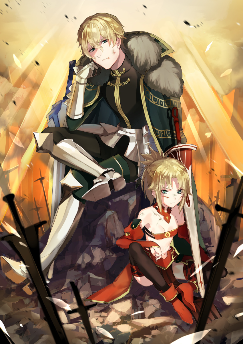 1boy 1girl absurdres arm_support armored_boots bangs bare_shoulders black_legwear black_pants black_shirt blonde_hair blurry blurry_foreground boots breasts bruise cape cleavage closed_mouth commentary_request depth_of_field derori detached_sleeves eyebrows_visible_through_hair fate/apocrypha fate/grand_order fate_(series) fur-trimmed_cape fur_trim gauntlets gawain_(fate/grand_order) green_cape green_eyes hair_between_eyes highres injury long_hair long_sleeves looking_at_viewer mordred_(fate) mordred_(fate)_(all) pants parted_bangs pelvic_curtain planted_sword planted_weapon red_footwear revision shirt sitting sleeves_past_wrists small_breasts sword thigh-highs weapon