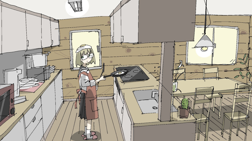 1girl apron blonde_hair cactus chair cooking food food_on_head fried_egg frying_pan glasses highres indoors kitchen lamp microwave object_on_head original school_uniform serafuku short_hair sink slippers solo spatula stove table tsukumizu_yuu