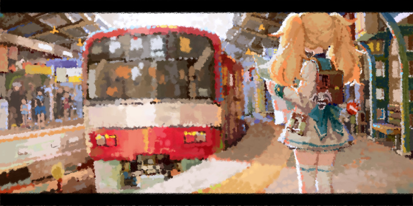 1girl back_bow backpack bag blonde_hair blue_bow blue_sailor_collar bow commentary_request day dress facing_away gambier_bay_(kantai_collection) ground_vehicle highres holding kantai_collection long_hair long_sleeves outdoors sailor_collar sailor_dress solo_focus standing thigh-highs train train_station train_station_platform twintails white_dress white_legwear yamano_(yamanoh)