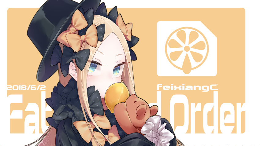 1girl abigail_williams_(fate/grand_order) artist_name bangs black_bow black_dress black_hat blonde_hair blue_eyes blush bow commentary_request copyright_name covered_mouth dated dress eyebrows_visible_through_hair fate/grand_order fate_(series) feixiang_c food forehead fruit hair_bow hat highres lemon long_hair long_sleeves looking_at_viewer object_hug orange_bow parted_bangs polka_dot polka_dot_bow sleeves_past_fingers sleeves_past_wrists solo stuffed_animal stuffed_toy teddy_bear very_long_hair