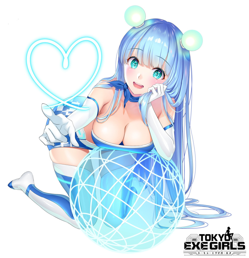 1girl bangs bare_shoulders blue_eyes blue_hair blush boots breasts cleavage commentary_request elbow_gloves eyebrows_visible_through_hair full_body gloves heart highres kerchief kneeling logo long_hair looking_at_viewer medium_breasts miniskirt neon_trim official_art open_mouth see-through shimashima08123 shiny shiny_clothes shiny_hair simple_background skirt smile solo thigh-highs thigh_boots tokyo_exe_girls white_background