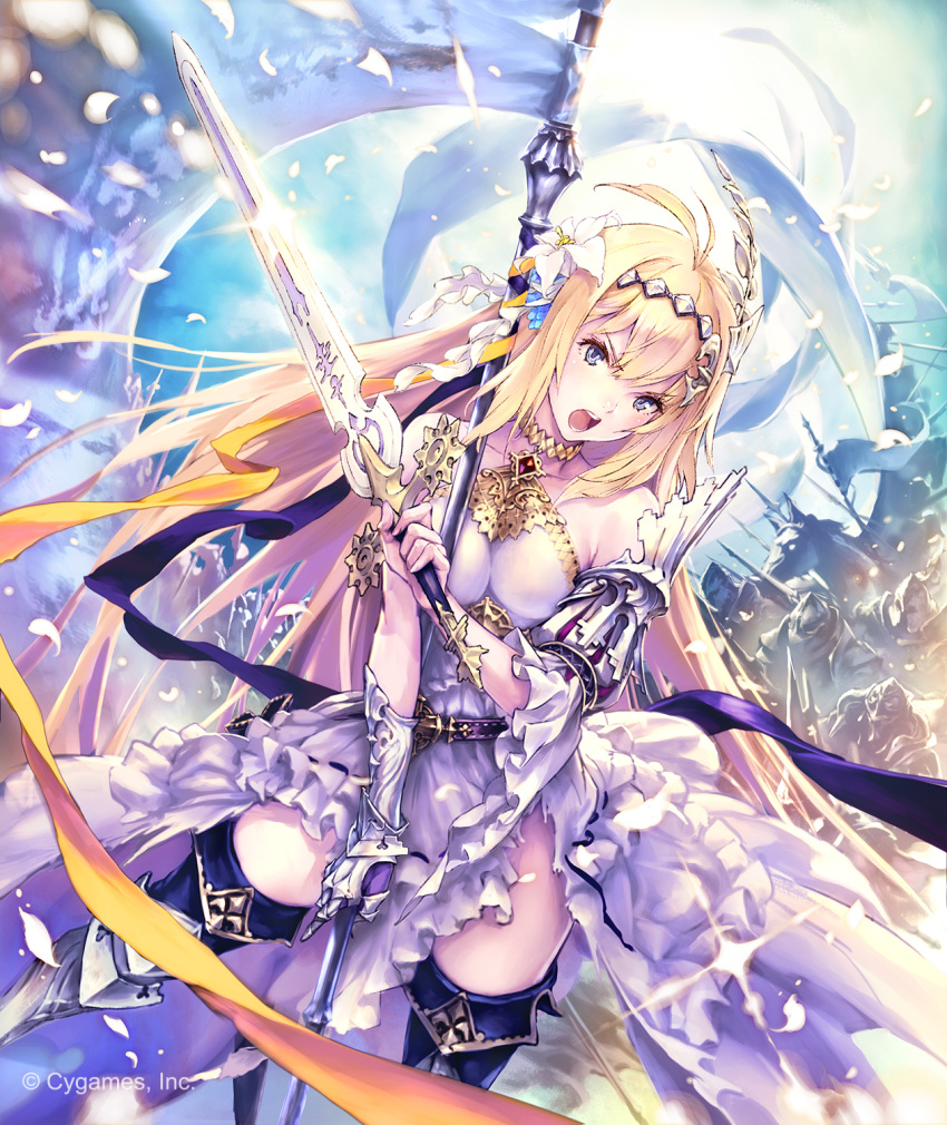 1girl armored_boots banner blonde_hair blue_eyes blue_footwear boots collarbone detached_sleeves dress floating_hair flower hair_flower hair_ornament highres hisakata_souji holding holding_sword holding_weapon jeanne_d'arc_(granblue_fantasy) layered_dress long_hair looking_at_viewer open_mouth sleeveless sleeveless_dress solo standing sword thigh-highs thigh_boots very_long_hair weapon white_dress white_flower