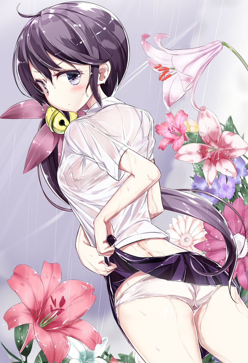 1girl absurdres akebono_(kantai_collection) ass bell bell_hair_ornament black_eyes black_hair blush clouds cloudy_sky cowboy_shot dutch_angle flower from_behind highres kantai_collection kengorou_saemon_ii_sei lifted_by_self long_hair looking_at_viewer pleated_skirt rain see-through shirt side_ponytail skirt sky solo white_shirt