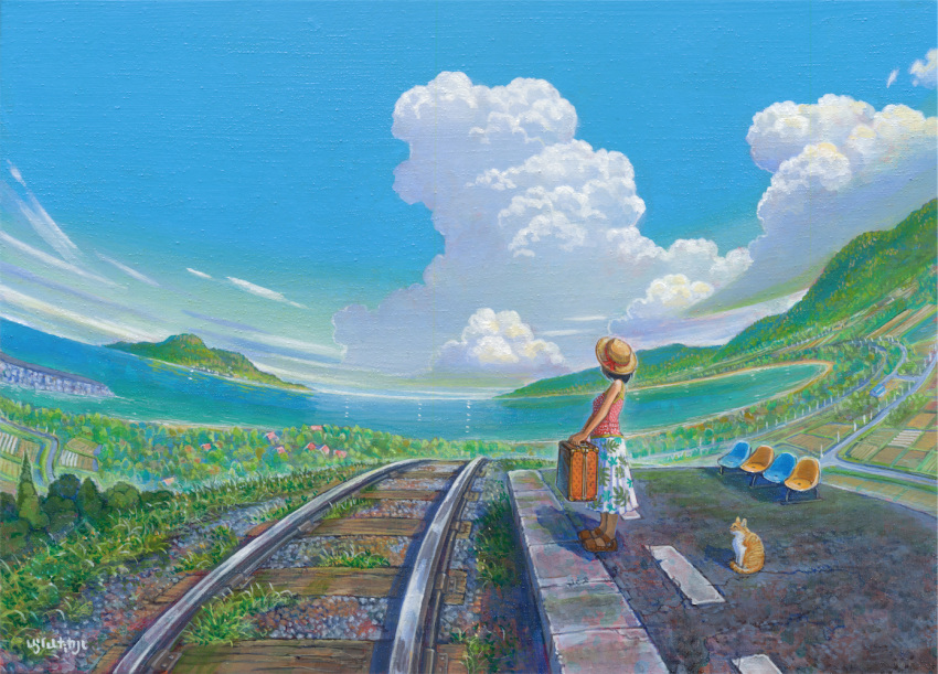 1girl acrylic_paint_(medium) black_hair blue_sky canal cat chair clouds day facing_away fisheye from_side grass hat island leaf_print ocean original outdoors pleated_skirt polka_dot polka_dot_shirt railroad_tracks rice_paddy rural scenery shiraishi_takashi shirt short_hair signature skirt sky sleeveless sleeveless_shirt solo straw_hat suitcase summer traditional_media white_skirt