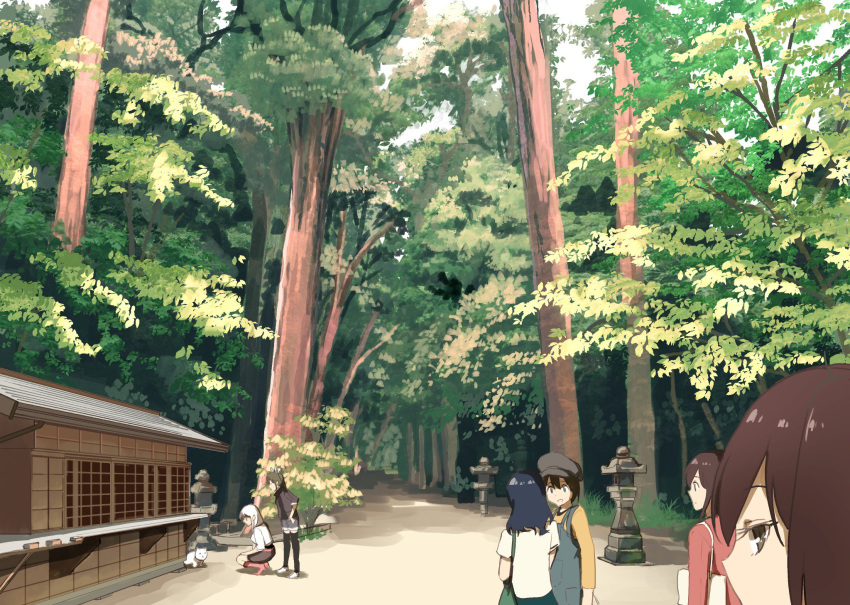 6+girls akagi_(kantai_collection) alternate_costume black_hair brown_hair building cat commentary_request forest highres hiryuu_(kantai_collection) kaga_(kantai_collection) kantai_collection long_hair masukuza_j multiple_girls nature path road scenery short_hair shoukaku_(kantai_collection) silver_hair souryuu_(kantai_collection) tree zuikaku_(kantai_collection)