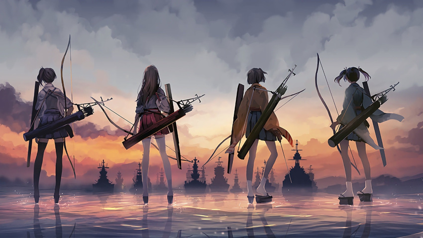 4girls akagi_(kantai_collection) arrow back black_legwear blue_hair bow_(weapon) brown_hair clouds cloudy_sky flight_deck from_behind hair_ribbon hakama_skirt highres hiryuu_(kantai_collection) japanese_clothes kaga_(kantai_collection) kantai_collection lineup long_hair long_sleeves military military_vehicle multiple_girls muneate nontraditional_miko nuriko-kun one_side_up outdoors quiver ribbon ship short_hair side_ponytail silhouette sky socks souryuu_(kantai_collection) standing straight_hair sunset thigh-highs twintails warship water watercraft weapon white_legwear wide_sleeves