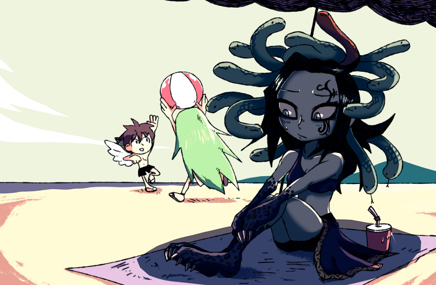 1boy 2girls :3 ball beach beach_towel beachball bikini black_hair black_shorts blush brown_hair claws closed_mouth commentary cup day drinking_straw english_commentary facial_tattoo glint green_eyes green_hair grey_skin horizon kid_icarus long_hair looking_down medusa_(kid_icarus) multiple_girls ocean outdoors palutena parasol pit_(kid_icarus) running sand sandals scales setz shade shirtless shorts sitting slit_pupils smile snake_hair sweatdrop swim_trunks tattoo towel umbrella very_long_hair wings