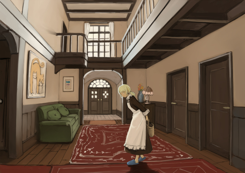 1girl apron bag blonde_hair carpet couch door doorway highres holding holding_bag indoors lamp maid maid_apron monono_fumeme original slippers solo twintails window