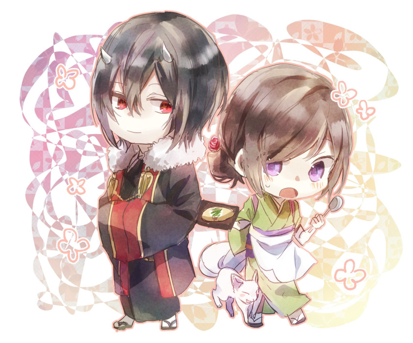 1boy 1girl apron artist_request chibi food fox hair_ornament hairpin highres japanese_clothes kakuriyo_no_yadomeshi ladle oodanna open_mouth red_eyes smile tsubaki_aoi violet_eyes