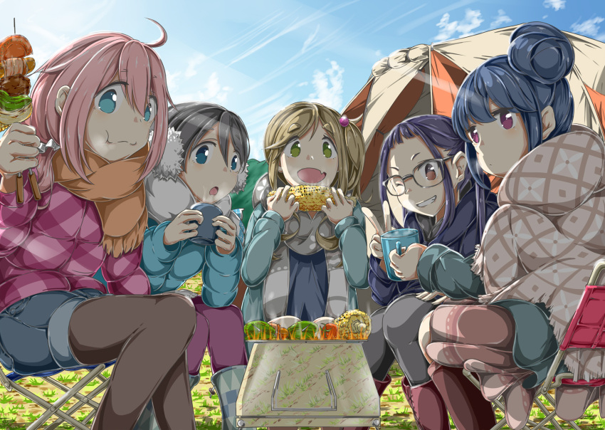 5girls barbecue black_hair blonde_hair blue_eyes blue_hair corn cup earmuffs eating eyebrows_visible_through_hair fang food green_eyes grill grilling hair_bun highres holding holding_food jacket kebab long_hair maru_sashi mug multiple_girls one_eye_closed open_mouth outdoors pantyhose pantyhose_under_shorts pink_hair purple_hair scarf shawl short_hair short_shorts shorts side_ponytail sitting tent thick_eyebrows violet_eyes winter_clothes yurucamp