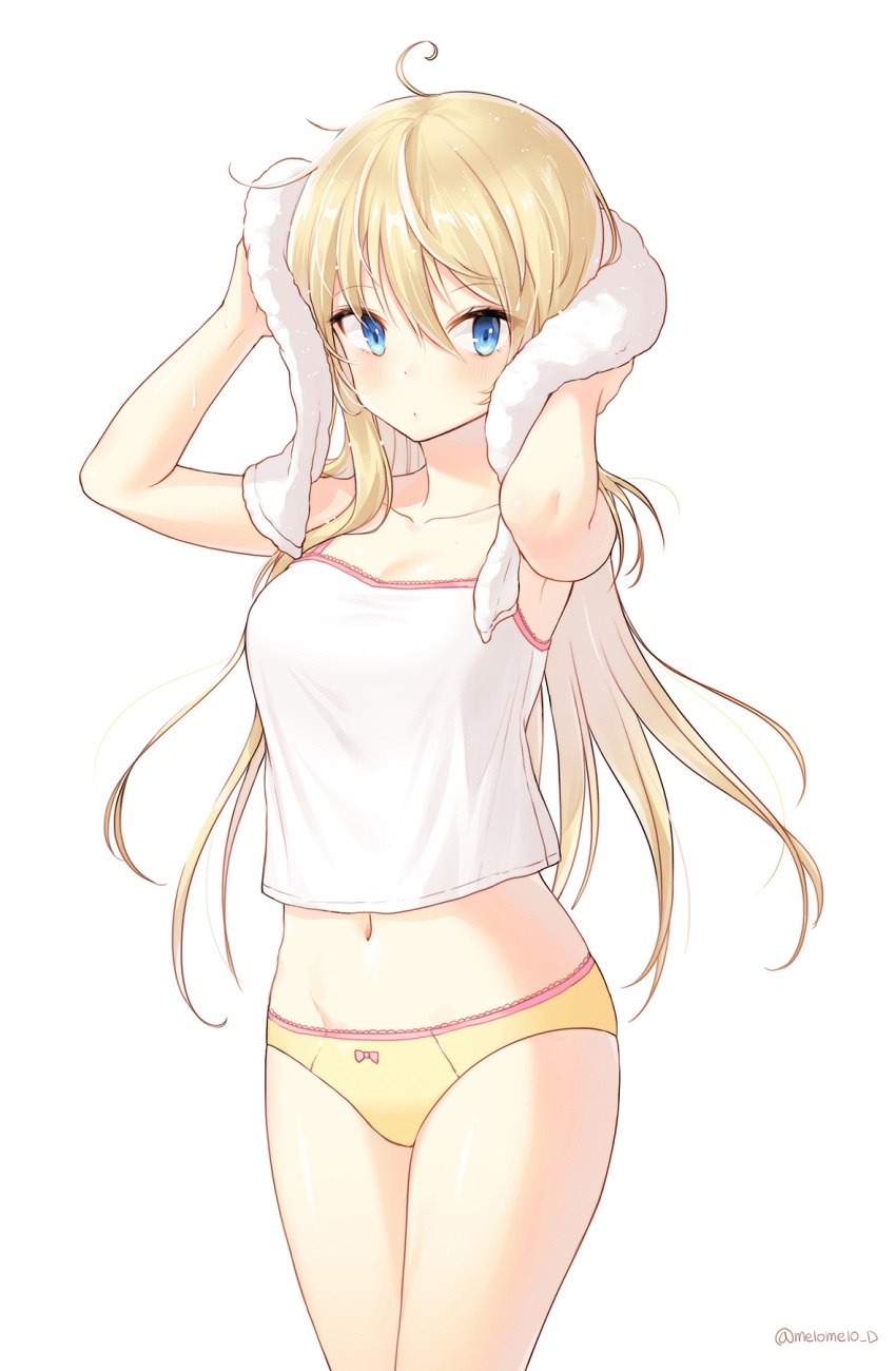 1girl ahoge arms_up blonde_hair blue_eyes blush bow bow_panties camisole commentary cowboy_shot drying drying_hair hair_between_eyes highres long_hair melomelo_d midriff navel original panties simple_background solo towel twitter_username underwear white_background yellow_panties