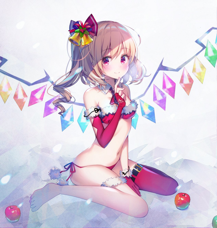 1girl apple ascot bangs bare_shoulders barefoot bell bikini blonde_hair blush bow breasts closed_mouth collar collarbone crystal detached_collar eyebrows_visible_through_hair flandre_scarlet food frilled_collar frills fruit full_body fur-trimmed_gloves fur-trimmed_legwear fur_trim gloves hair_bell hair_bow hair_ornament hand_up highres koto_seori leg_belt legs_apart long_hair looking_at_viewer medium_breasts midriff navel partly_fingerless_gloves pom_pom_(clothes) red_bikini red_bow red_eyes red_gloves red_neckwear side-tie_bikini side_ponytail single_thighhigh sitting smile solo stomach strapless strapless_bikini swimsuit thigh-highs touhou wariza wings