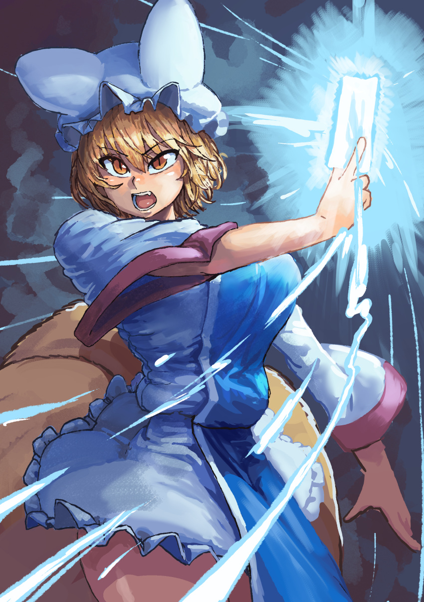 1girl absurdres animal_ears blonde_hair chanta_(ayatakaoisii) cowboy_shot fox_ears fox_tail glowing hat highres holding long_sleeves multiple_tails ofuda open_mouth pillow_hat shirt short_hair skirt slit_pupils solo standing tabard tail touhou white_hat white_shirt white_skirt yakumo_ran yellow_eyes