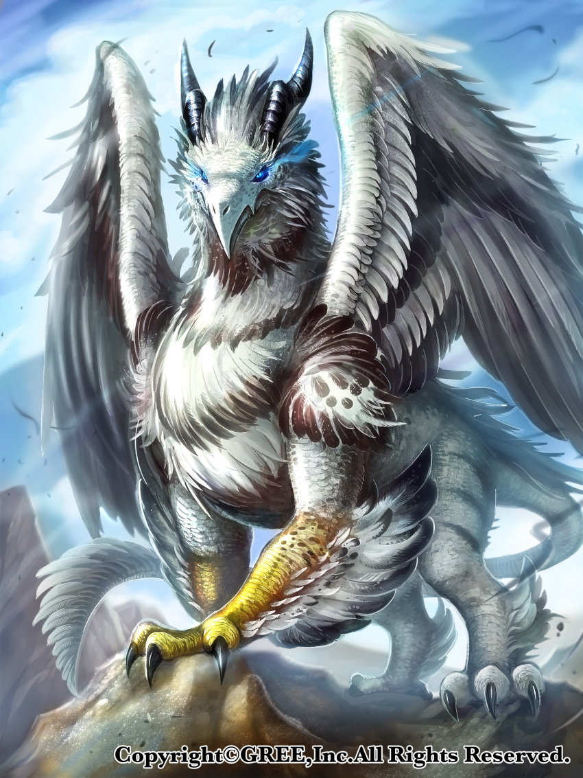 absurdres beak black_sclera blue_eyes blue_sky claws clouds cloudy_sky commentary_request feathers glowing glowing_eyes griffin highres monster no_humans official_art original outdoors seisen_cerberus sky watermark z.dk