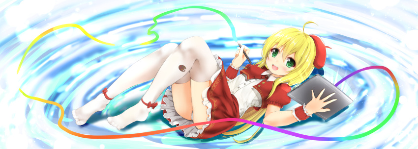 1girl :d ahoge ankle_bow ankle_ribbon bangs beret blonde_hair blush bow breasts commentary_request drawing_tablet dress_shirt eyebrows_visible_through_hair green_eyes hair_between_eyes hat highres holding jacket long_hair looking_at_viewer lying maru_shion no_shoes on_back open_mouth original panties puffy_short_sleeves puffy_sleeves red_bow red_hat red_jacket red_skirt ribbon shirt short_sleeves skirt small_breasts smile solo tablet thigh-highs underwear upper_teeth very_long_hair white white_legwear white_panties wrist_cuffs