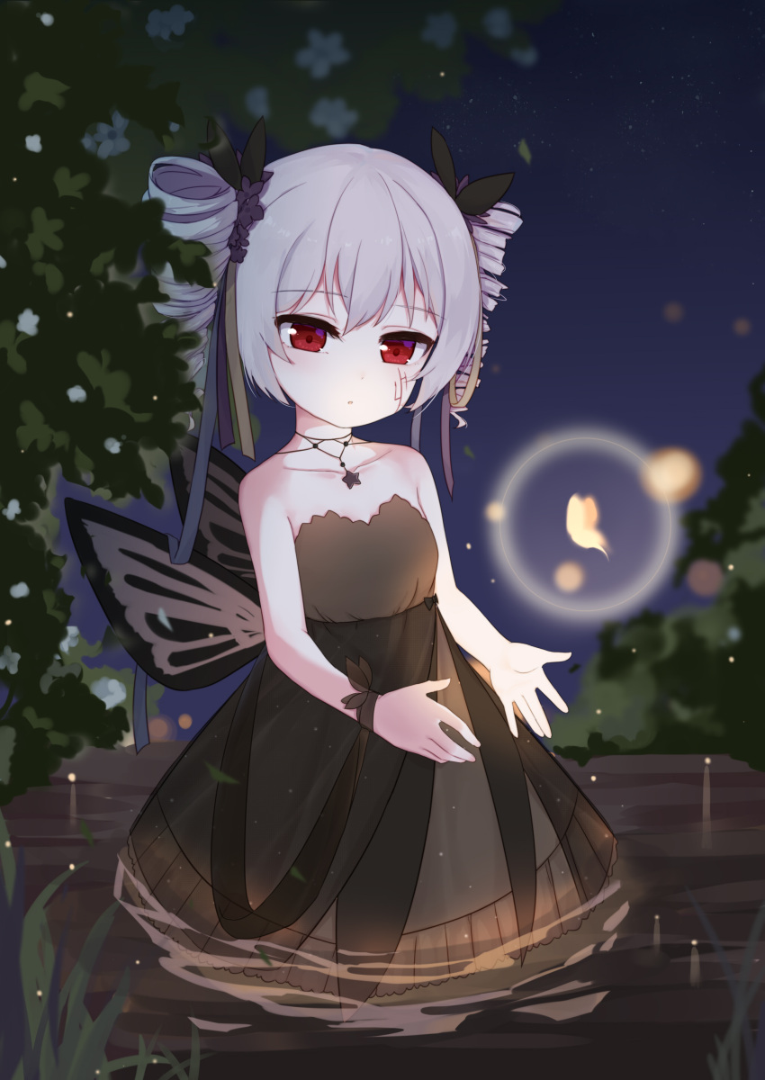 1girl :o absurdres bangs benghuai_xueyuan black_dress black_ribbon bronya_zaychik bug butterfly butterfly_wings collarbone dress drill_hair eyebrows_visible_through_hair fufumi hair_ribbon highres honkai_impact insect jewelry long_hair looking_at_viewer necklace night outdoors partially_submerged red_eyes ribbon silver_hair solo star star_necklace strapless strapless_dress twin_drills water wings wrist_ribbon