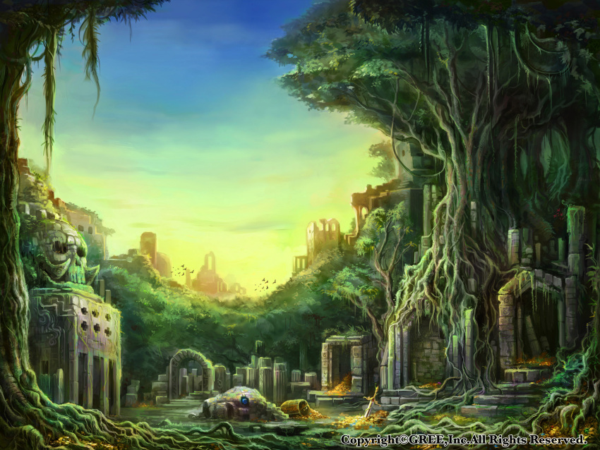 bird blue_sky chest city commentary_request forest gold highres nature no_humans official_art pillar planted_sword planted_weapon roots ruins scenery seisen_cerberus shrine sky stairs sword tree watermark weapon z.dk