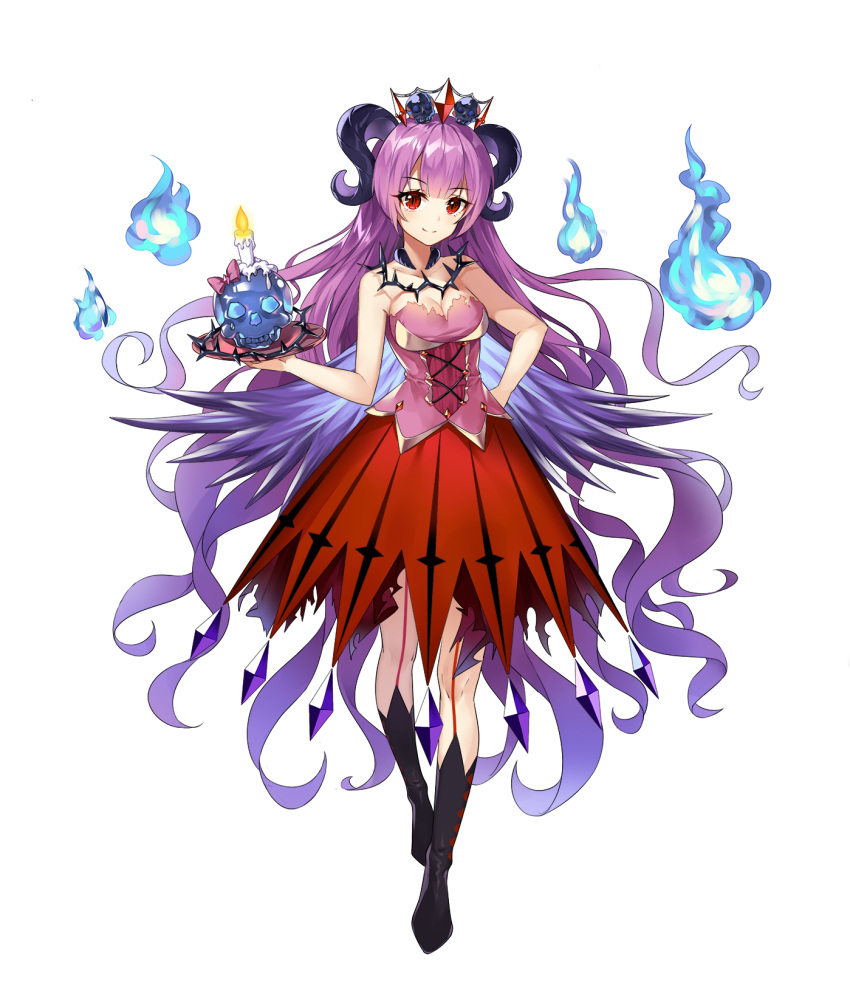1girl bangs blunt_bangs candle floating_hair hand_on_hip highres horns long_hair original purple_hair red_eyes red_skirt simple_background skirt skull smile solo strapless very_long_hair white_background xingxiang_senlin