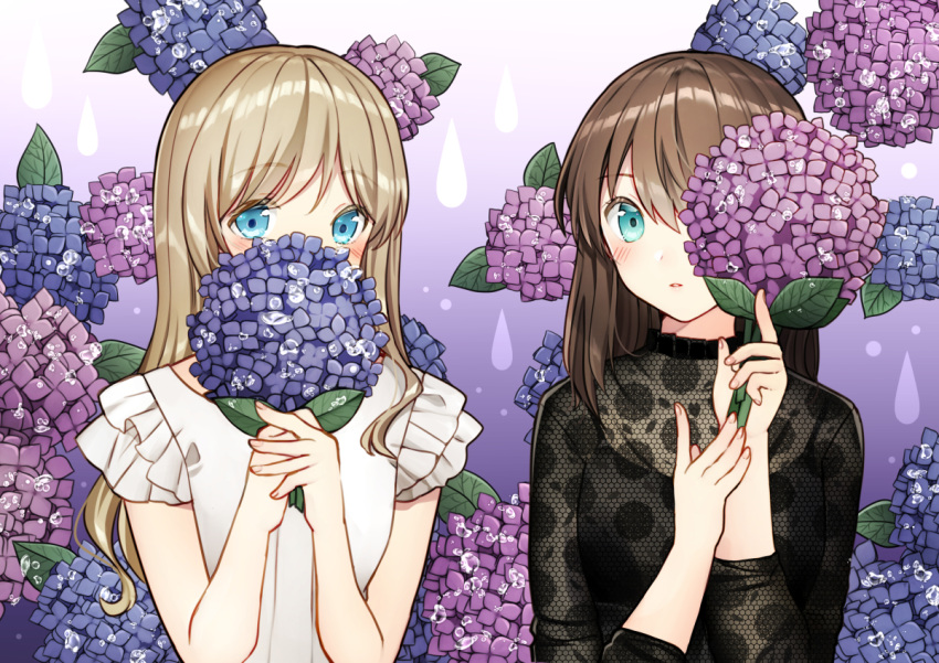 2girls black_shirt blue_eyes blush brown_hair commentary_request covered_mouth fingernails flower gradient gradient_background hands_up holding holding_flower hydrangea kurata_rine light_brown_hair long_hair long_sleeves looking_at_viewer multiple_girls original own_hands_together parted_lips purple_background purple_flower see-through shirt very_long_hair water_drop wet white_background white_shirt