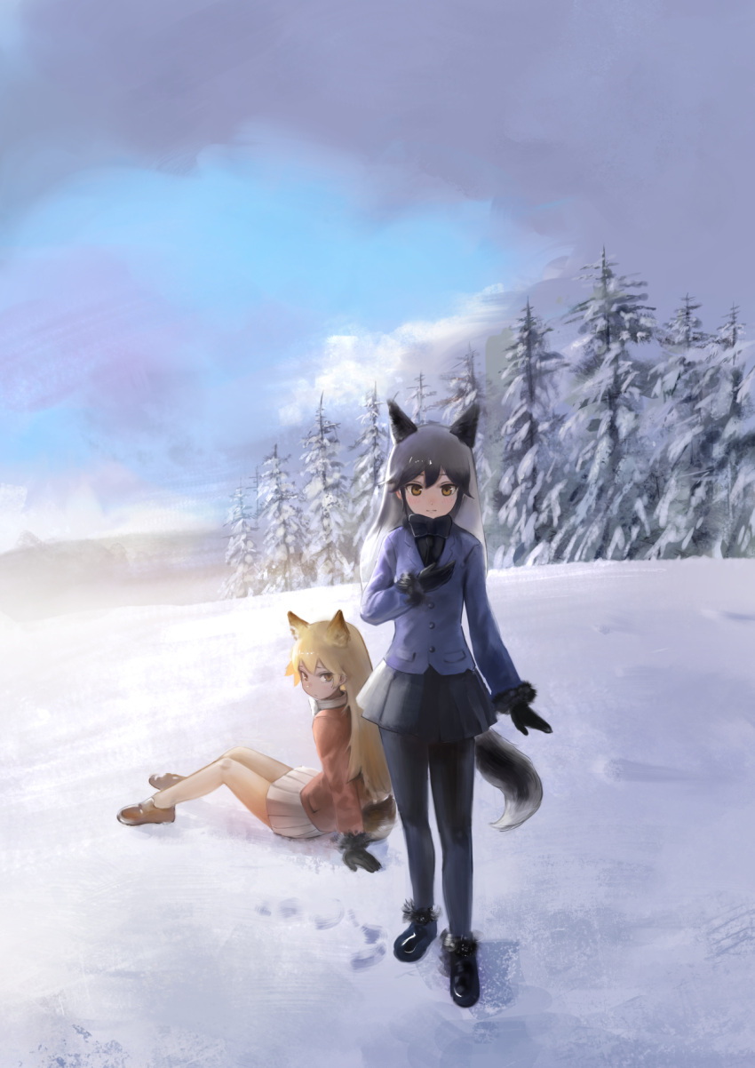 2girls animal_ears black_hair black_legwear black_neckwear black_skirt blonde_hair bow bowtie commentary ezo_red_fox_(kemono_friends) fox_ears fox_tail fur-trimmed_sleeves fur_trim grey_hair highres kakitani_jirou kemono_friends long_hair multiple_girls outdoors pantyhose pleated_skirt silver_fox_(kemono_friends) sitting skirt snow standing tail tree white_skirt yellow_eyes